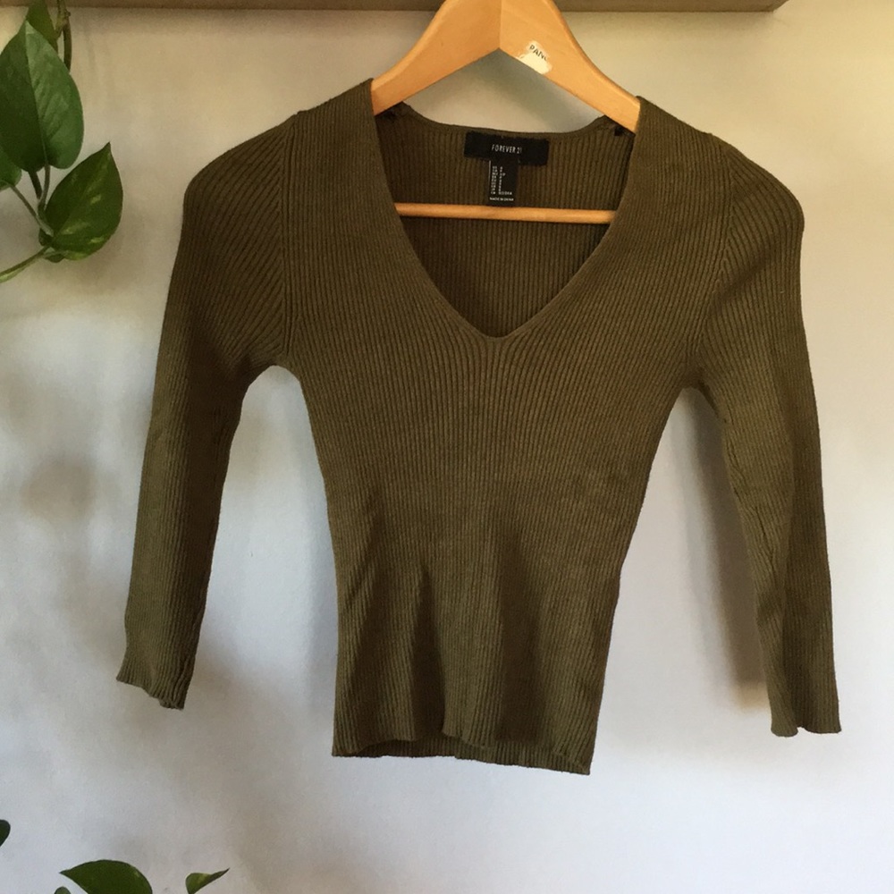 F21 Olive Green Long Sleeve V-neck.